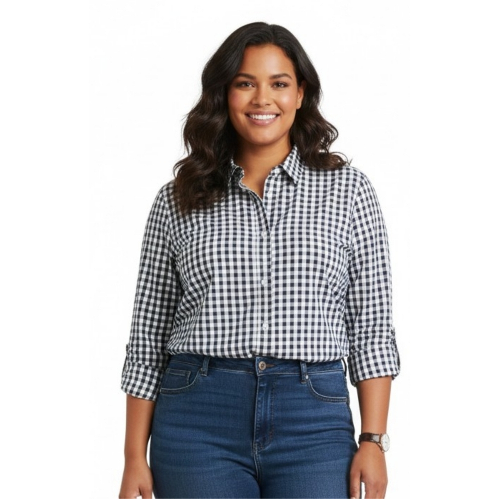 Talbots Classic Gingham Button Down Top Navy & White Size 16P